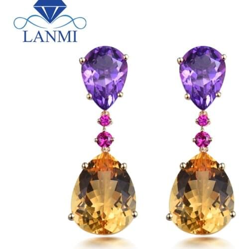 New Trendy Pear Shaped Amethyst & Citrine In Solid 14Kt Yellow Gold Earrings For Party Engagement ER0089