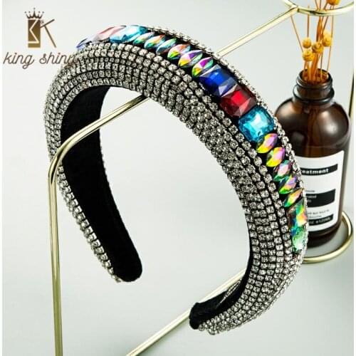 Luxurious Baroque Full Multi Color Rhinestone Headband Hand Made Geometric Crystal Padded Spnge Hairband Woman Party Headpieces