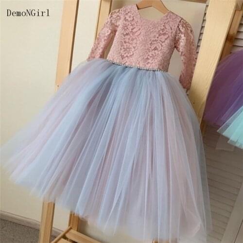 Pink Lace Long Sleeve Flower Girl Dresses with Pearl Belt Backless Kids First Communion Dress Birthday Gown