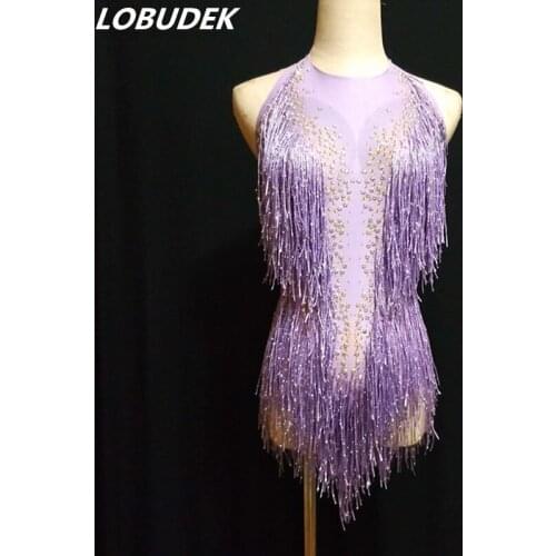 Tassels Bodysuit Black Purple Red White Crystal Sexy Backless Leotard Nightclub Lady DJ Singer Dancer Performance Dance Wear