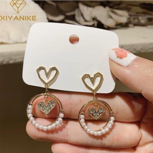 XIYANIKE Gold Color Heart Rhinestone Drop Earrings For Women Round Alloy Pearl Earrings 2021 Trend Fashion Party Jewelry Brincos
