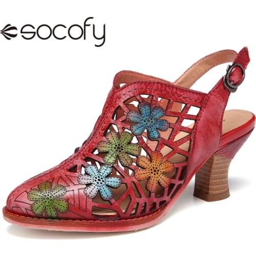 SOCOFY Women Block Heel Sandals Floral Hollow Buckle Slingback Pointed Toe Chunky Heel Sandals Shoes Casual Outdoor Shoes 2020