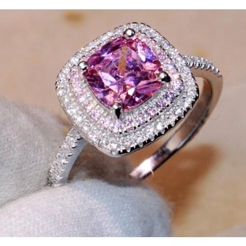 Victoria Brand New Cute Luxury Jewelry Pure 100% 925 Sterling Silver Cushion Shape 5A Pink CZ Double Party Women Wedding Ban