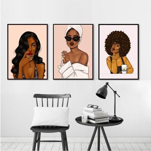 Modern Sexy Canvas Painting Fashion Girl Poster and Print Wall Art Black Skin Woman Pictures For Living Room Home Decor No Frame