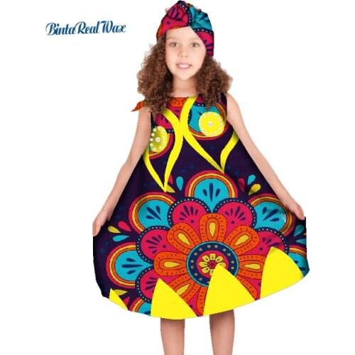 African Clothes Print Dresses for Girls A-Line Pearls Dresses Headtie Bazin African Clothing Cotton Dresses Girls Party WYT133