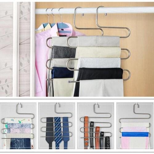 Stainless Steel Clothes Trousers Hanger Saving Space Hanger Clothes Closet Belt Holder Rack S-type 5 Layers Organizer
