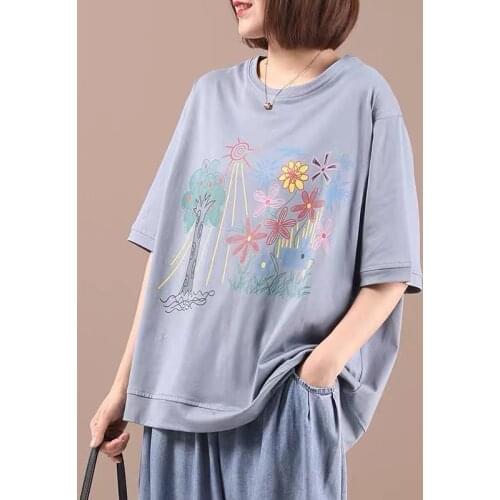 Oversized Women Cotton Casual T-shirts New 2021 Summer Simple Style Floral Print Loose Female Short Sleeve Tops Tees B705