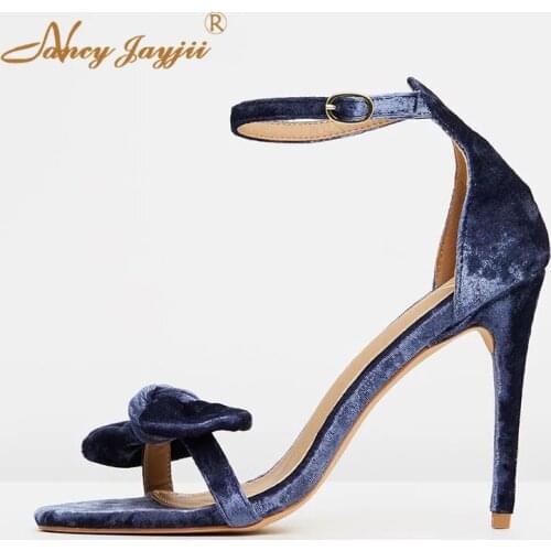 Women Sandals Ladies Shoes Flock solid Butterfly-knot Super High Thin heel Buckle Strap Sweet Party Wedding Leisure Fashion 2019