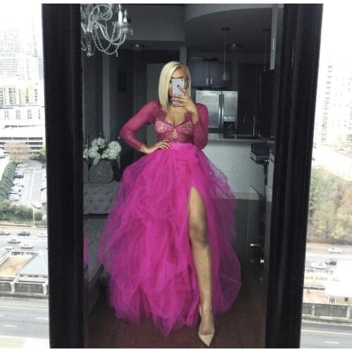 Brilliant Rose Red Womens Custom Made 2020 Ball Gown Split Draped Fashion Tutu Tulle Skirts Long Cheap Femme Party Wear Jupes