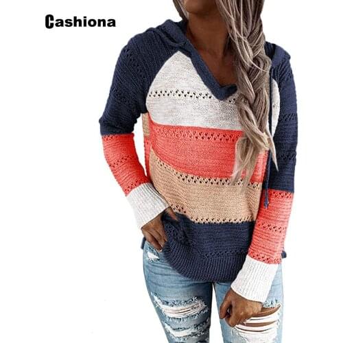 Cashiona Women Knitted Hoodie Sweatshirts 2020 Spring Autumn Patchwork Tops Streetwear Casual Female Hooded Sweatshirt Pullovers