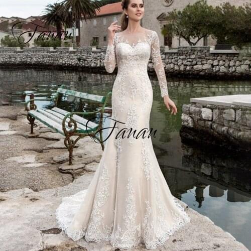 New Scoop Neck Long Sleeve Wedding Dresses Court Train Mermaid Lace Appliques Bridal Gown robe de soirée de mariage платье