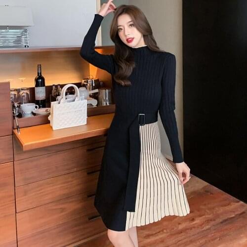 2021 New Autumn Winter Elastic Knitted Dresses Women Office Color Matching Lace-Up Fashion Slim Pleated Sweater Dress Vestidos