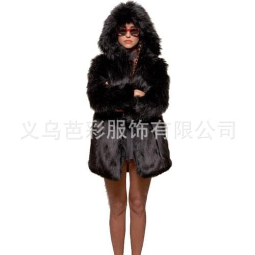 Winter Ladies Hooded Faux Fur Coat Black New Elegant Luxury Thick Warm Advanced Fake Fur Women Long Sleeve Plus Size Overcoat