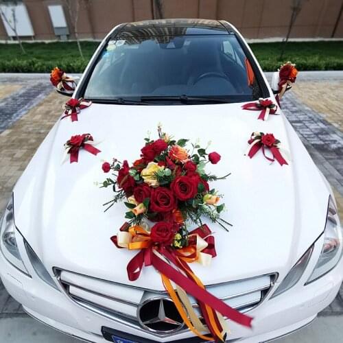 2pcs Wedding Car Decoration Wreath Artificial Flowers Mixed Roses Fake FLowers Ribbon silk fake flowers