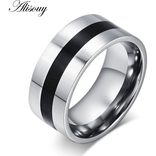 Alisouy 1 piece simple 9mm width stainless steel male female wedding rings black enamel high polished rings ring for men women