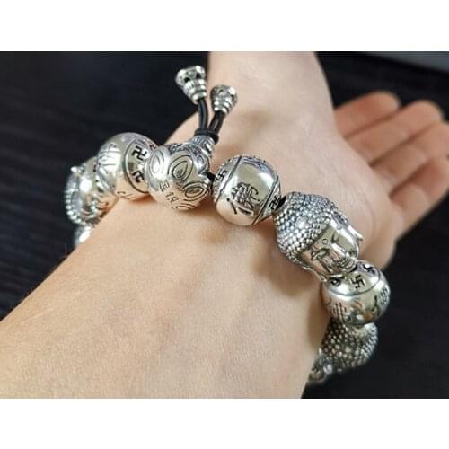 990 Sterling Silver Mens Buddha Prayer bead amulet Bangle Bracelet jewelry A4210