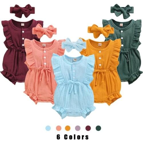 0-2 Years Baby Girls Clothes Toddler Girl Baby Romper Newborn Spring and Autumn Solid Color Sleeveless Bowknot Romper Headband