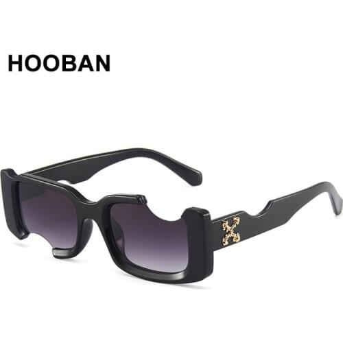 HOOBAN 2021 Fashion Rectangular Notch Sunglasses Men Women Brand Designer Sun Glasses For Male Vintage Driving Eyewear UV400