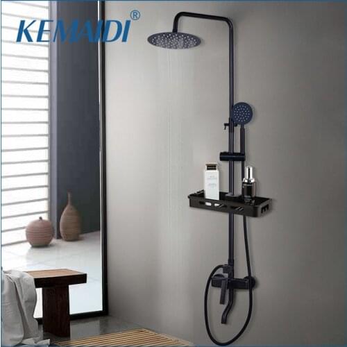 KEMAIDI Black Wall Mount Shower Set Faucet Rainfall shower Head with Handshower + Shelf Bathroom ORB Shower Mixer Tap sets