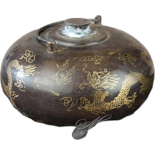 Chinese Old Bronzes, Three Dragon, Eight Treasure Pot, Warm Hand Pot