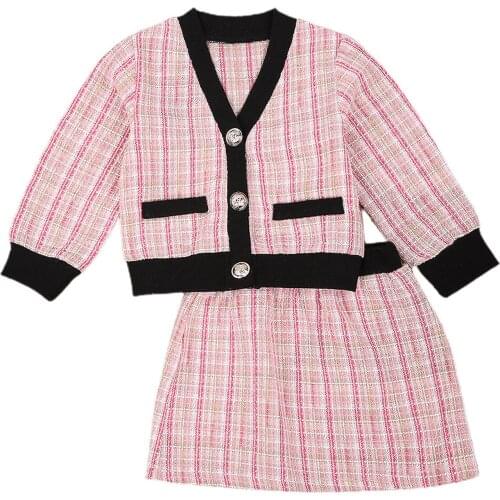 New 2Pcs Baby Outfits, Elegant Plaid V-Neck Long-Sleeves Cardigan + High-Waist Skirt for Toddlers Girls