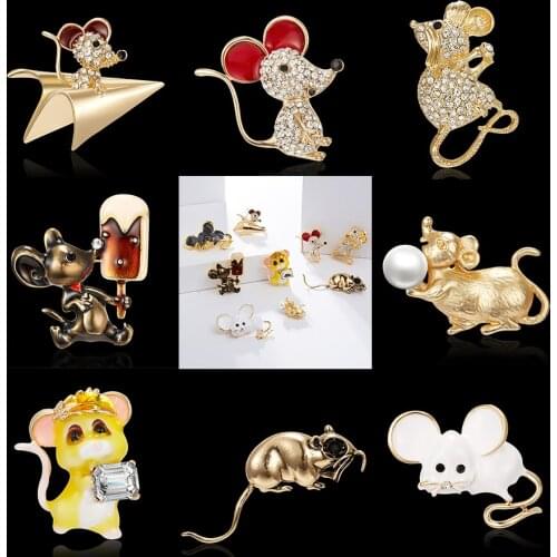 Belleper Enamel Color Rhinestone Mouse Rat Brooches Mouse With Ice Cream Airplane Pearl Gold Rat Brooch Pins Party New Year Gift