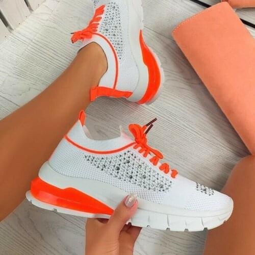 Sneakers For Women 2021 Crystal Mesh Sport Ladies Flat Shoes Bling Knitting Casual Breathable Lace Up Womens Vulcanized Shoes