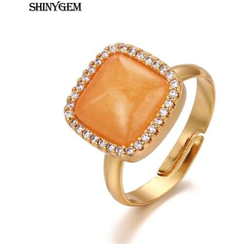 ShinyGem Fashion Square/Heart Natural Yellow Jades Stone Rings Gold Plating Inlay Zircon Adjustable Rings For Women Wedding