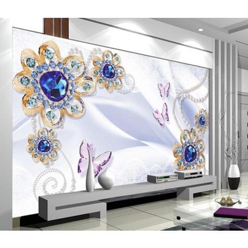3D wall MuralsBlue crystal Flower Glitter 3d Wallpaper mural 3d photo wall Mural for Living Room 8d Mural