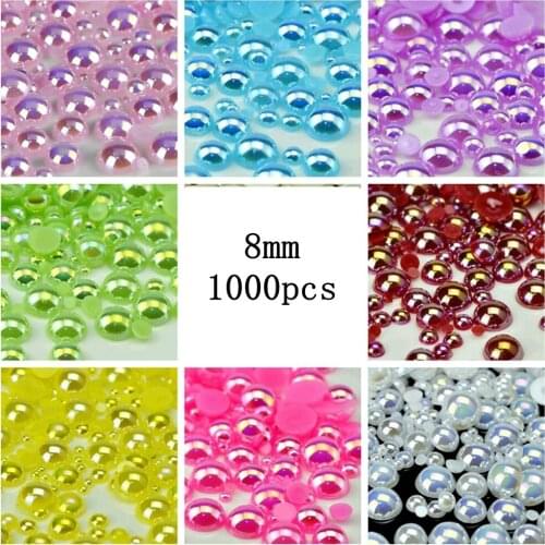 New Design Free Shipping Size 8mm AB Color 1000Pcs/lot Imitation Pearls Half Round Flatback Beads DIY Decoration