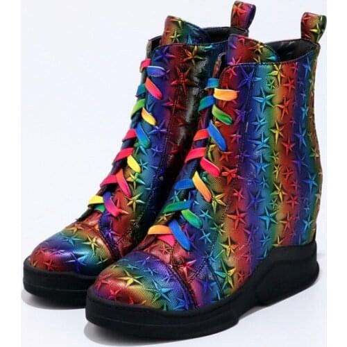 OLOMLB US4-11 Womens Pointed Toe Star Rainbow Colors Lace Up Ankle Boots Wedge High Heel Platform Punk Motorcycle Shoes Plus