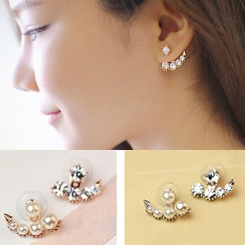 Hot Women Asymmetric Faux Pearl Rhinestone Ear Stud Earrings Party Wedding Jewelry