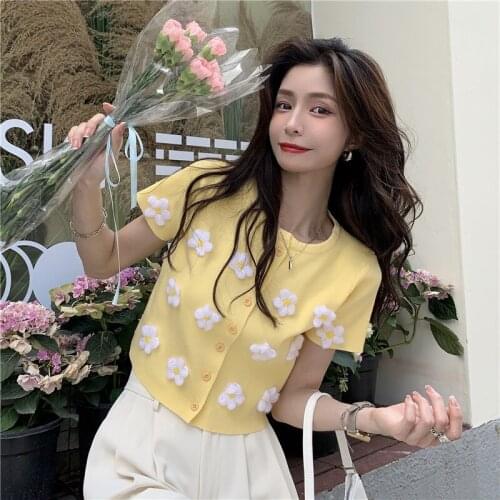 Shirt Womens Small Floral Short Slim Short-sleeved Knit Sweater Round Neck Cardigan Women Buttoned Shirt
