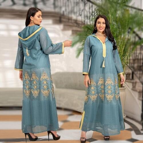 Hooded Abaya Dress Plus Size Fashion Eid Embroidered Mesh Middle East Dubai Kaftan Turkey Muslim Maxi Dresses Breathable 2021New