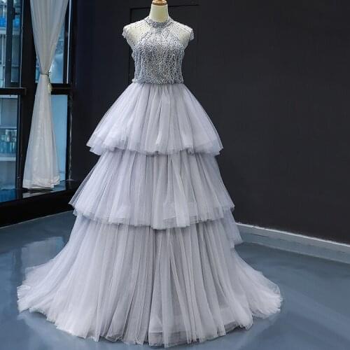 Grey High Collar Beading Sexy Prom Dresses 2020 Sleeveless Tiered A-Line Fashion Prom Gowns Real Photo 66701