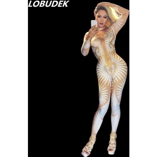 Sexy female costumes jumpsuit bar nightclub DS white Bright Crystals Rompers Singer dancer performance show party bar