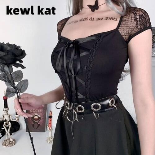 Women Bodycon Bandage Top Gothic Lace Black Sexy T-shirt Vintage Crop Tops Streetwear Punk Female Casual Mesh Tee Lolita