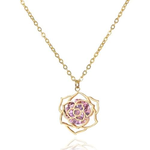Crystal Zircon Rose Flower Necklaces For Women Boho Wedding JewelleryS tainless Steel Lotus Necklaces Pendants Bridal Gifts BFF