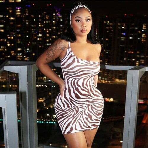 Women Sexy Oblique Shoulder Dress Fashion Zebra Pattern Hollow Backless Skinny Short Dress