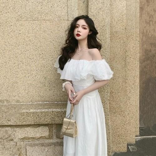 Elegant Vintage Fairy Midi Dress Women White Sexy Off Shoulder Ruffle Korean Dress Female Long Evening Party Beach Dress 2021
