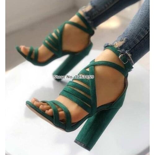 ALMUDENA Women Fabulous Green Black Suede Chunky Heel Sandals Cross Strappy Cage Shoes Cut-out Ankle Buckle Strap Pumps On Sale