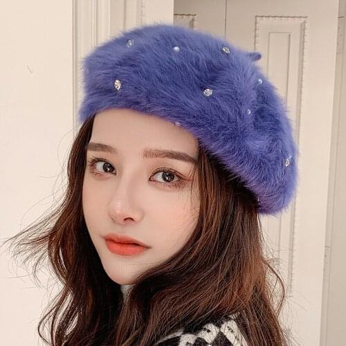 HT3343 Berets Autumn Winter Hats for Women New Fashion French Beret Hat Ladies Rabbit Fur Berets for Women Artist Painter Hat