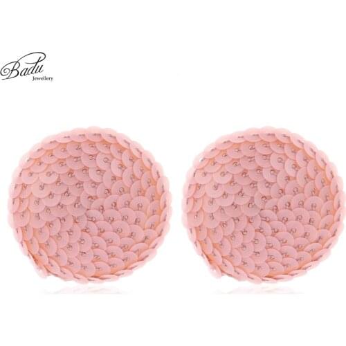 Badu Big Stud Earrings Women Fashion Pink Sequins Crochet Lovely Round Earring Studs Cute Jewelry Wholesale