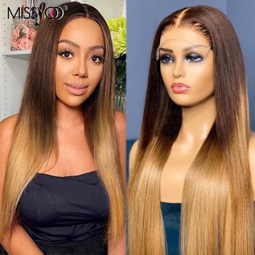 Straight 4x4 Lace Closure Wig Honey Blonde Ombre Color Brazilian Human Hair Wig 13x1 T Part Lace Wig For Black Women Remy Wig