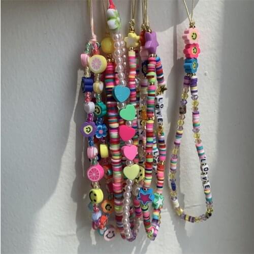 FFLACELL 2021 New Mobile Phone Strap Lanyard Colorful Smile Pearl Soft Pottery Rope for Cell Phone Case Hanging Cord for Women