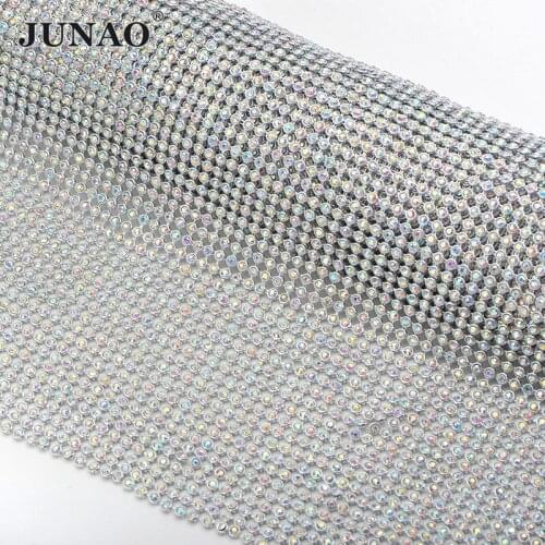 JUNAO 45*120cm Silver Crystal AB Glass Rhinestone Mesh Fabric Glitter Strass Chain Ribbon Sew On Trimming for Dress Decoration