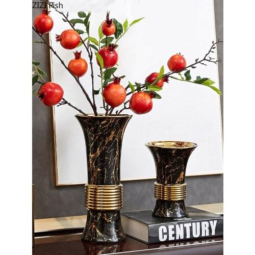 Black Marble Texture Ceramic Vase Desk Decoration Flower Pot Golden Vases Crafts Porcelain Flower Arrangement Home Decor Modern