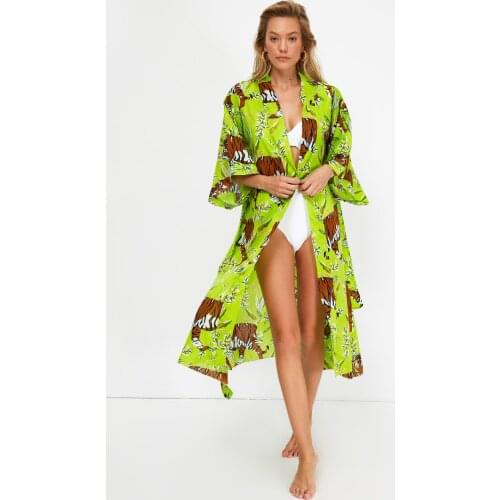 Tiger Patterned Voile Kimono&Caftan 100% Cotton Cover-Ups Summer Street Beach Style