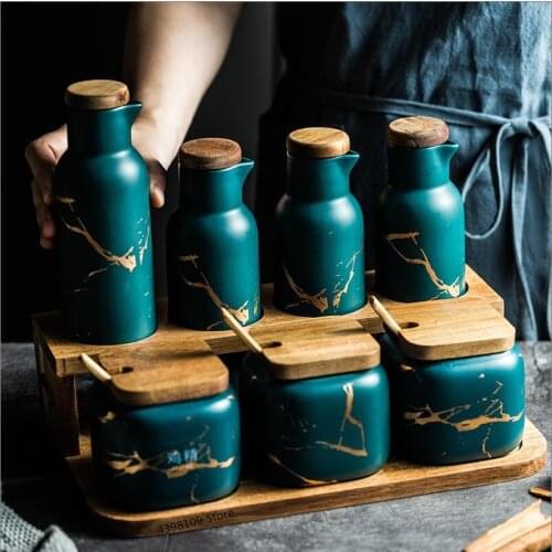 Nordic matte marbled ceramic seasoning jar salt can oil bottle household seasoning box kitchen supplies seasoning bottle set