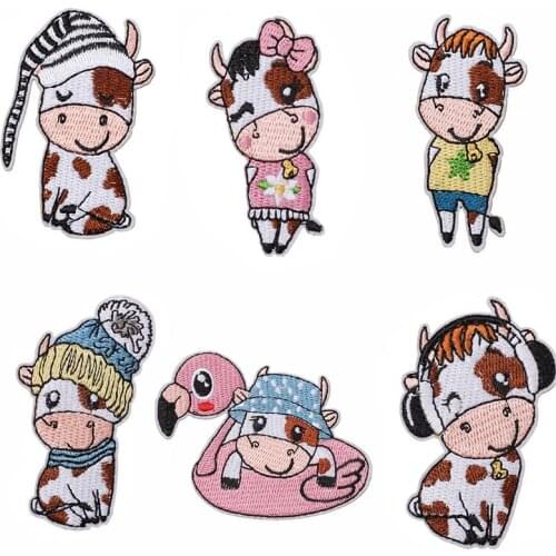 Kawaii Milk Cows Cartoon Animal Patches Sewing Embroidered Applique for Jacket Clothes Stickers Badge DIY Apparel Accessories